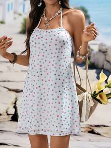 EMERY ROSE Women's Polka Dot Print Casual Halter Mini Dress For Vacation - Baby Blue - View 4