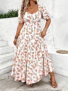 Breezaya Women's Romantic Elegant Floral Print Puff Sleeve Dress - Apricot - View 1