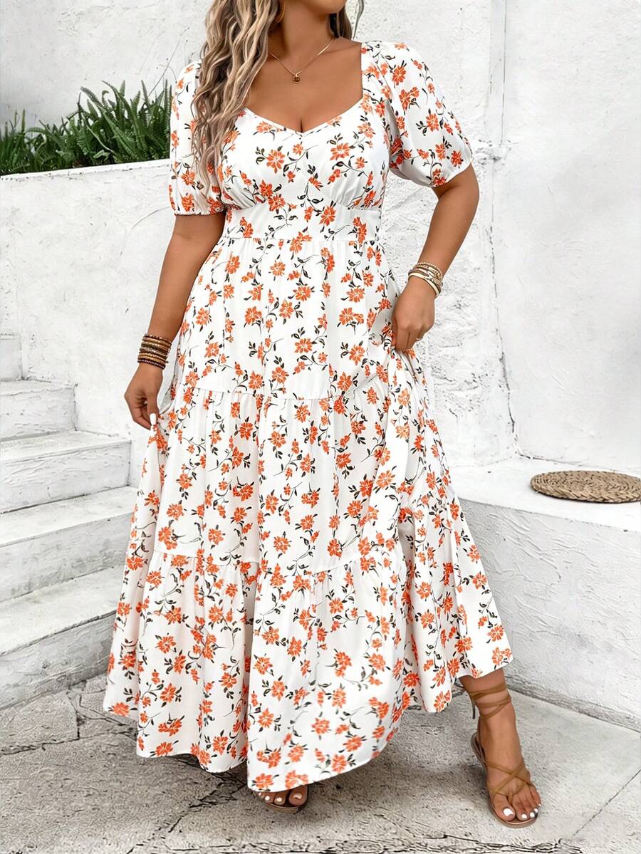 Breezaya Women's Romantic Elegant Floral Print Puff Sleeve Dress - Apricot - View 1