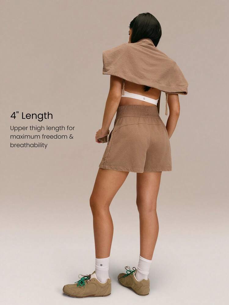 Everyday Terry Cozy Motivation Soft Breathable Sweat-Wicking Vintage-Wash Side Pockets Elastic Waist Pull-On Shorts Daily Casual Wear