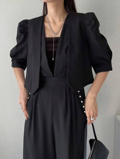 FRIFUL 女士休闲通勤纯色西装外套和连体裤两件套