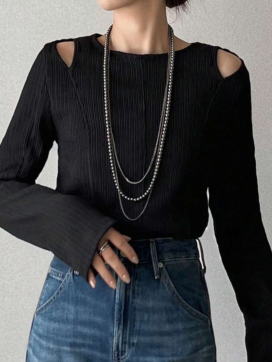 FRIFUL Women's T-Shirt, Shoulder Cut-Out Design, Summer - Black - View 1