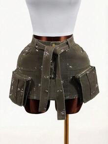 SHEIN Chân váy denim thời trang có túi khóa kéo dành cho nữ - xanh quân đội - Xem 1