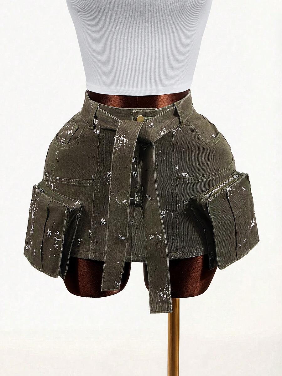 SHEIN Chân váy denim thời trang có túi khóa kéo dành cho nữ - xanh quân đội - Xem 1