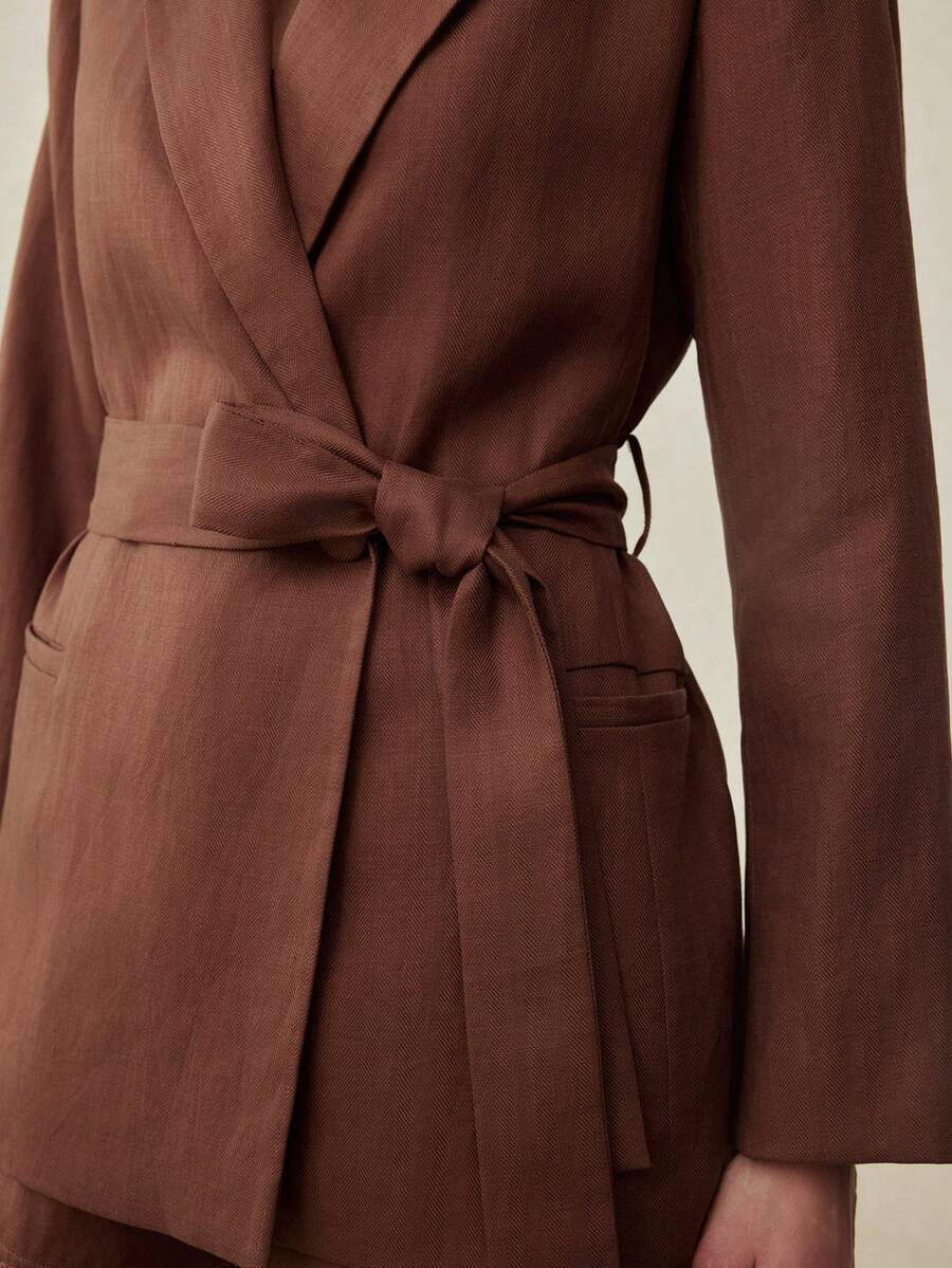 MOTF PREMIUM LINEN LACE PATCHWORK TIE-UP BLAZER, VINTAGE STYLE, SPRING/SUMMER - Coffee Brown - View 2