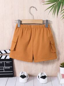 Baby Boy Solid Color Elastic Waist Loose Casual Cargo Shorts - Khaki - View 2
