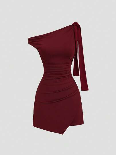 Sweetra Women's Solid Color Ruched Twist Shoulder Pleated Dress, Spring/Summer