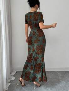 Rafferiza Women's Dark Green Summer 70's Retro Party Dress,French-Style Flocked Print Square Neck Slim-Fit Bodycon Elegant Formal Graduation Prom Wedding Gown - Green - View 2