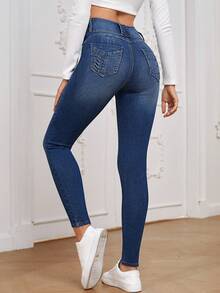 EMERY ROSE High Waist Button Fly Skinny Jeans - Dark Wash - View 4
