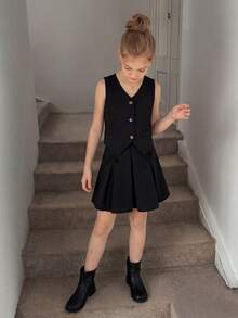 Tween Girl Casual V-Neck Sleeveless Top And Mini Skirt Set - Black - View 6