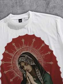 Manfinity ZONE917 Box-Cut Loose Distressed Dark Red Virgin Mary Prayer Light Print Cropped Short Sleeve T-Shirt - White - View 2