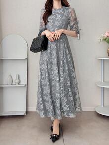 FRIFUL 女士圆领全蕾丝优雅通勤A字连衣裙，夏季长款连衣裙 - 灰色 - 查看 4