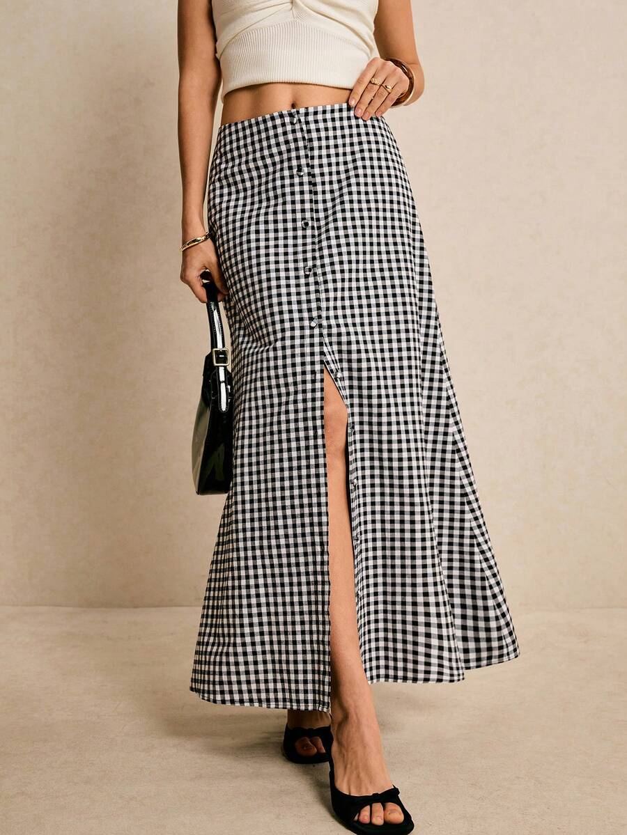 Poéselle Women's Plaid Single-Breasted Casual/Work Skirt