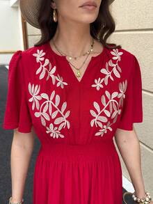 Solivie Women's Long Embroidered Dress, Red Elegant Vacation Dress, Spring/Summer Summer Dress Vacation Outfits Women Floral Dress Red Elegant Dress Women Embroidered Dresses For Women Red Casual Dress Women's Maxi Dress Wedding Guest Dress Birthday Dresses For Women Floral Dress Red Dress Boho Red Dress Red Casual Maxi Dress Elegant Red Dress For Women  Summer Vacation Outfits Women Going Out Outfits - Red - View 3