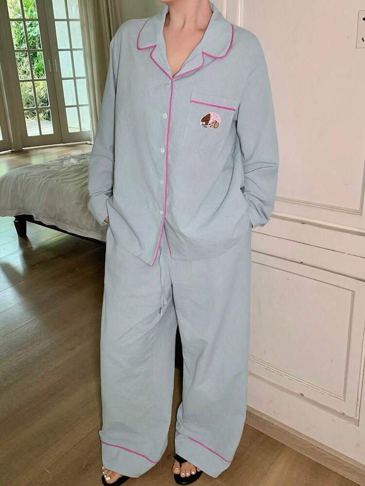 Dazy Plus Plus Size Women Casual Cartoon Patch Pocket Pajama Set, Turndown Collar Long Sleeve Shirt And Straight Leg Pants, Spring/Autumn Sleepwear