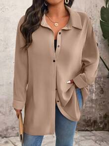 EMERY ROSE Plus Size Women Casual Loose Long Chiffon Blouse, Sheer, Suitable For Summer Fall Cloth For Women - Khaki - View 4