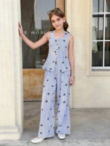 SHEIN Tween Girls Vacation Casual Woven Blue Bow Print Striped Vest Top & Wide Leg Pants Set,Bule Striped Vest Two Pieces Set - Blue and White - View 8