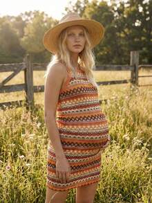 Boho Mama Summer Outfit Rainbow Striped Fitted Halter Neck Dress For Pregnant Women On Vacation Maternity Casual Striped Halter Bodycon Dress,Bohemian Style Maternity Dresses Bodycon Summer Dress Tequila Sunrise Dress Sunset Dress One Shoulder Summer Dress Tube Dress Knitted Bodycon Dress Sleeveless Summer Dress Knit Dress Sleeveless Dress Patterned Dress Strapless Summer Dress Knitted Dress - Multicolor - View 2