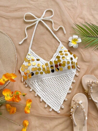 Soleia Women's Sexy V-Neck Sequin Patchwork Shell Hem Vest, Suitable For Beach, Cruise, Island Vacation, Bohemian, Boho, Vintage, Holiday