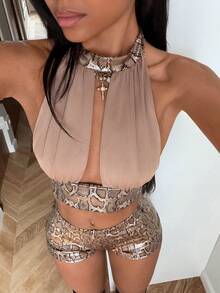 StreetHx 2000年代Y2K风格女装，黑色街头风复古鳄鱼纹露脐上衣短裤套装，休闲街头风，春秋季 - 咖啡棕 - 查看 1