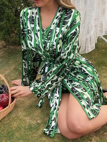 DAZY 3pcs/Set Tropical Plant & Striped Print Pajama Set, Vacation Style For Women - Green - View 4