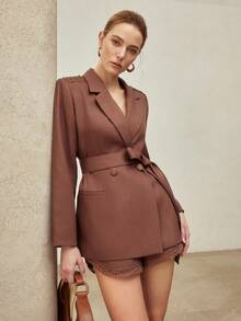 MOTF PREMIUM LINEN LACE PATCHWORK TIE-UP BLAZER, VINTAGE STYLE, SPRING/SUMMER - Coffee Brown - View 7