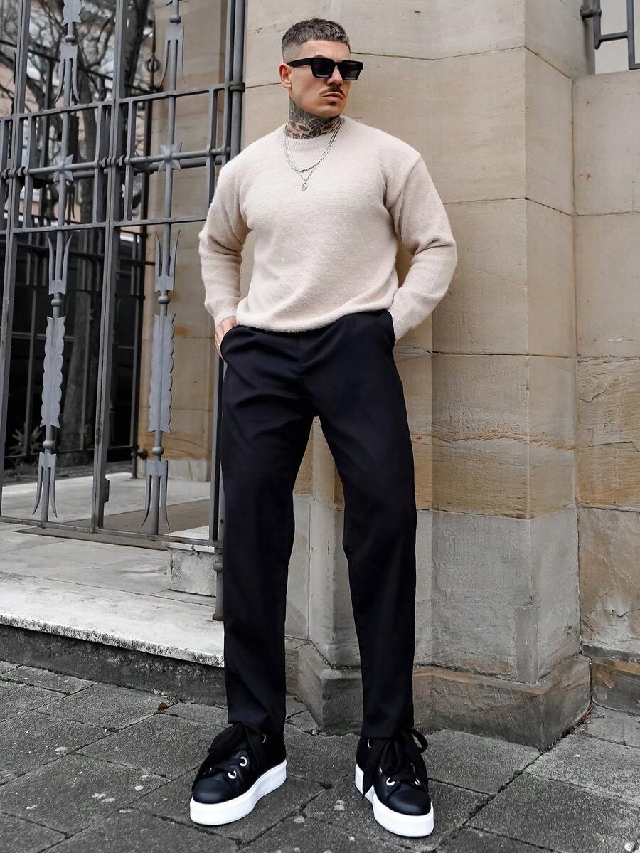 Artur Kramer ANDREILEE 韩版秋冬毛绒圆领毛衣，返校穿搭，宽松针织套头衫，时尚 - 杏色 - 查看 1