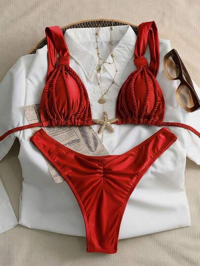 Swim Chiccia Conjunto de 2 piezas romántico, vintage, sexy y elegante para playa/cita, con tirantes gruesos, diseño fruncido, colores tierra, traje de baño de mujer para vacaciones, conjunto de bikini rojo, conjunto de bikini trenzado para mujer, conjunto de bikini con cobertura para mujer