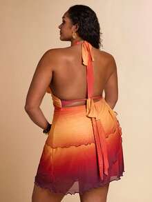 SHEIN BAE 大码女士渐变色吊带不对称迷你连衣裙，金属扣无袖连衣裙 - 彩色 - 查看 3