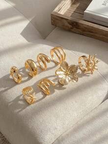Resyla 8pcs/Set Cincin Polos Halus Vintage, Cincin Bintang Laut Bohemian yang Dipersonalisasi, Cincin Fashion - Emas - View 5