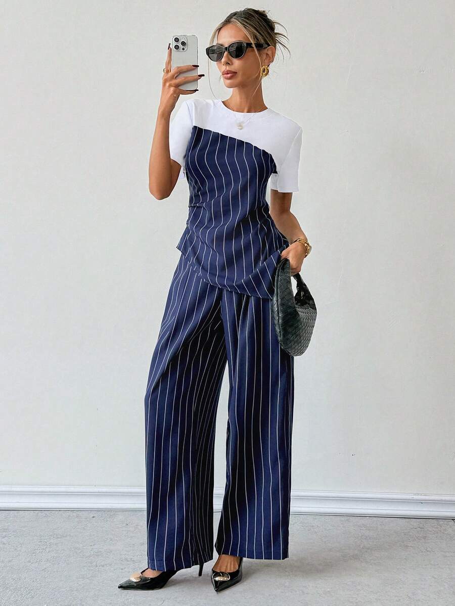 Ritzy Row 2pcs/Set Striped Top With Waist Ruching & Casual Pants, Fashionable Outfit Suitable For Work, Casual, Commuting, Street Style, Vacation, Afternoon Tea, Spring/Summer - Blue - View 1