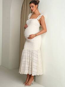 MaterniChic Đầm thanh lịch màu trơn trễ vai dáng đuôi cá dành cho bà bầu - Màu be - Xem 1