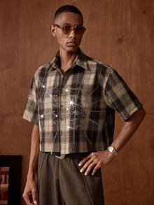 AKNOTIC 男士街头风格水晶蜘蛛网格子短袖梭织衬衫 - 咖啡棕 - 查看 3