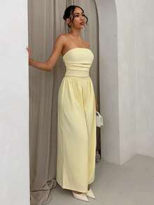 SHEIN Glamour Mono de pierna ancha con pliegues y sin tirantes, unicolor y sexy, adecuado para graduación y baile de graduación - Amarillo - Ver 5