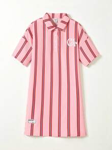 Casuvi Kids Đầm kiểu dáng rộng rãi, vai rớt, tay lửng, cổ áo sơ mi, họa tiết sọc dọc kỹ thuật số, phong cách vintage, thích hợp mặc ngoài trời, du lịch, mặc hàng ngày và mùa hè cho bé gái tuổi teen. - Nhiều màu - Xem 2