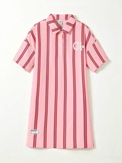 Casuvi Kids Tween Girls Loose Fit Drop Shoulder Mid-Sleeve Shirt Collar Digital Vertical Striped Print Vintage Casual Loungewear Dress For Outdoor, Travel, Daily Wear, Summer