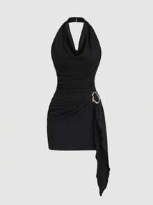 Sweetra Vestido con cuello drapeado, cintura fruncida y bajo asimétrico, decoración con hebilla metálica sofisticada, vestido de fiesta elegante para mujer, de primavera temprana y sexy - Negro - Ver 1