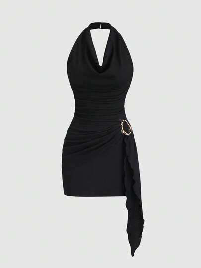 Sweetra Early Spring Sexy Draped Neck Ruched Waist Asymmetrical Hem Dress, Sophisticated Metal Buckle Decor, Chic Party Dress For Women