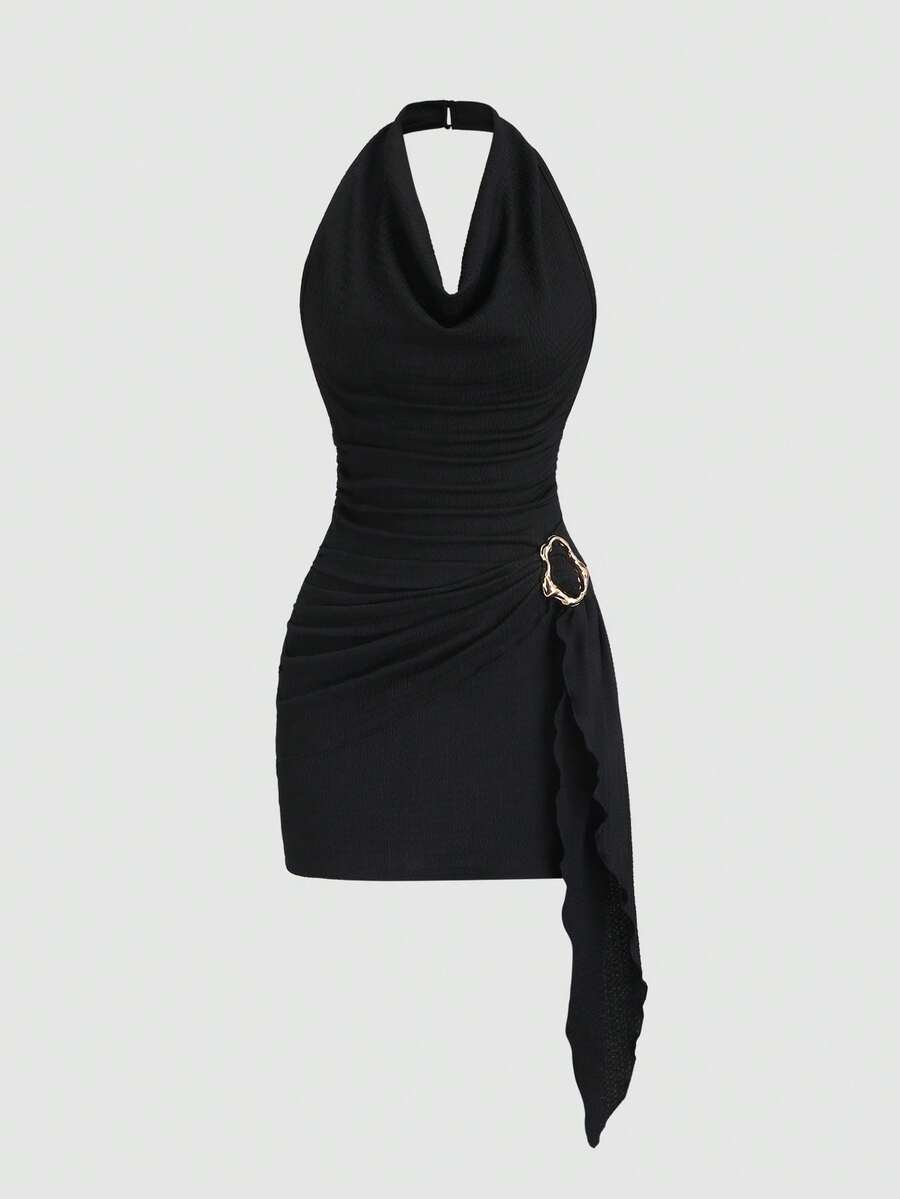 Sweetra Vestido con cuello drapeado, cintura fruncida y bajo asimétrico, decoración con hebilla metálica sofisticada, vestido de fiesta elegante para mujer, de primavera temprana y sexy - Negro - Ver 1