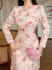 DAZY Bộ đồ 2 mảnh thanh lịch dành cho nữ, gồm áo ôm dáng và chân váy dài in họa tiết hoa, thích hợp cho mùa xuân/hè. - Hồng - Xem 5