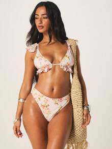 MISSGUIDED Women's Ruffled Floral Triangle Bikini Top With Tie Back Straps And Sweetheart Neckline Summer Swimwear - Multicolor - View 1