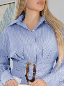 Cioccolato Commuting Style Pleat Waist Slimming Dramatic Day Buckle Short French Puff Sleeve Colorblock Striped Shirt Button Up Shirt Women  Fall Cloth For Women - Navy Blue - View 3