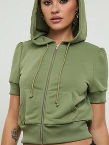 COUREZ Áo Hoodie Tay Ngắn Có Khóa Kéo / Phong Cách Thời Trang Xuân 2000 cho Nữ - Áo Hoodie Xanh Lá Cây - Trang Phục Nghỉ Xuân - Trang Phục Thường Ngày - Trang Phục Đi Chơi - Trang Phục Mùa Hè - màu xanh lá - Xem 7