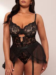 SHEIN BAE Plus Size Lace Underwire 4pcs Lingerie Set - Black - View 6