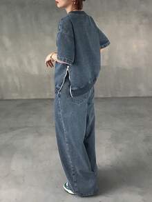 FRIFUL Women's Round Neck Drop Shoulder Zip Side Pocket Top And Pants Casual Loose Denim Set - Blue - View 3