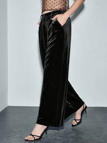 Lumivelle Petite Pantalones de terciopelo elegantes para salir de noche - Negro - Ver 3