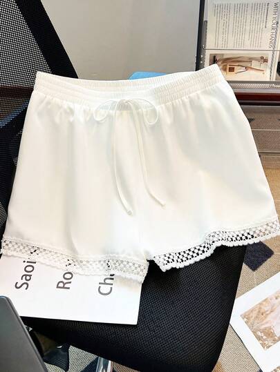 GlowEve CURVE Plus Size Women's Summer French Style Elastic Waist Lace Patchwork Hollow Out Straight Leg Shorts, Suitable For Vacation