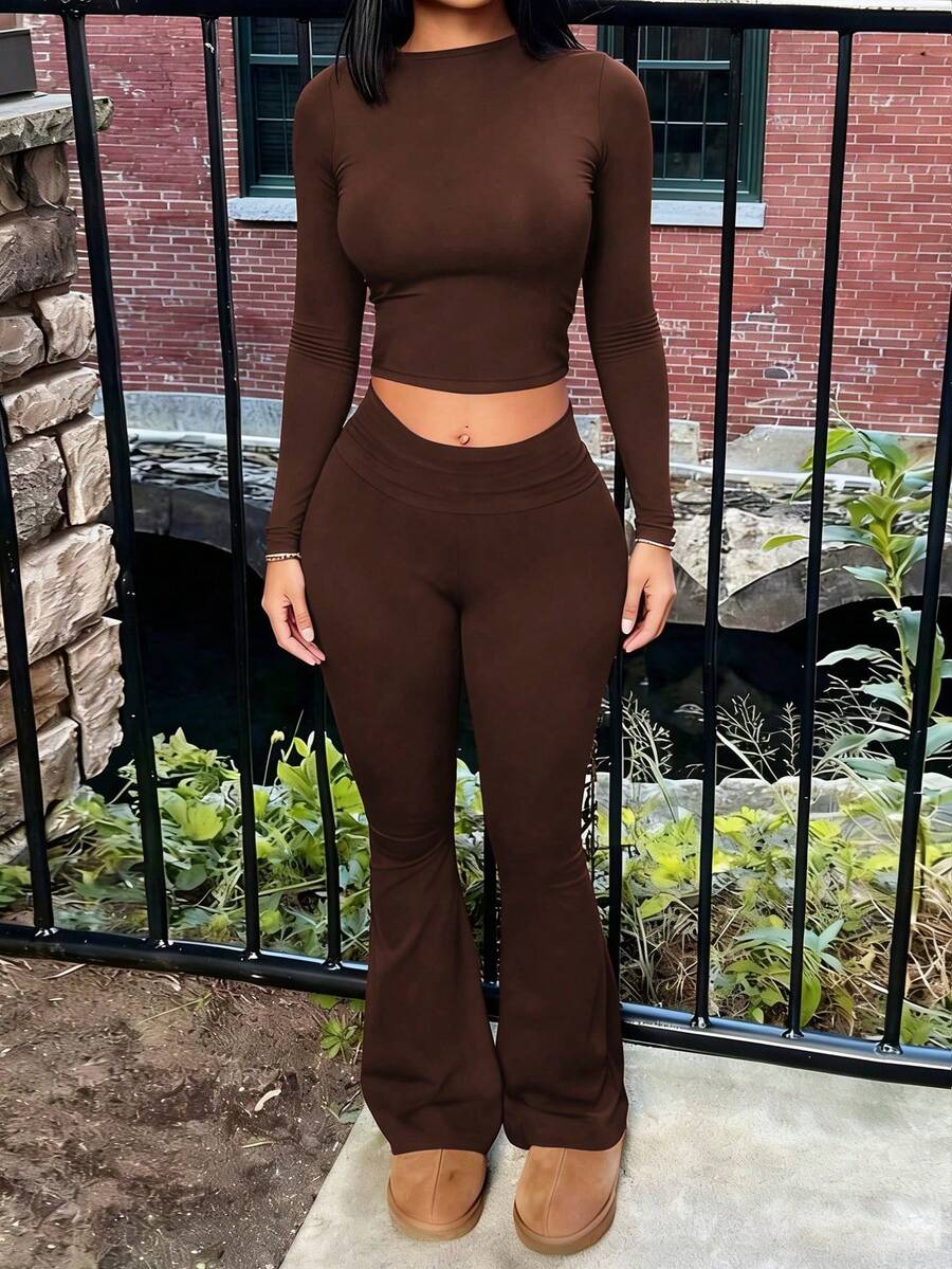 INAWLY Conjunto de 2 piezas de top corto y pantalones acampanados de unicolor casual para mujer - Café integral - Ver 1