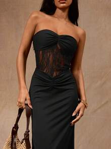 Opulessa Elegant Sexy Black Crochet Lace Dress For Women, Solid Color Western Style, Autumn Spring/Summer Vacation Outfits, Holiday Ibiza Outfits, Night Out - Black - View 3