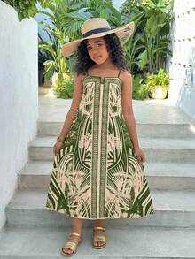 SHEIN Tween Girl Print Loose Strap Dress, Bohemian Style Dress, Suitable For Tropical Beach Vacation, Mother-Daughter Matching Outfit, Spring/Summer - Green - View 3